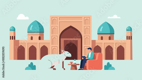 Man and kangaroo relax in front of a domed building with clouds