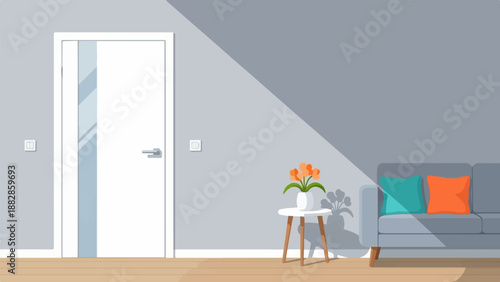 Interior scene with a modern door, a side table with flowers, and a couch