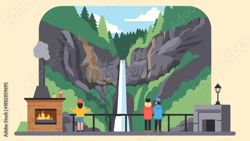 People enjoying a waterfall scene with a fireplace and a lamp post