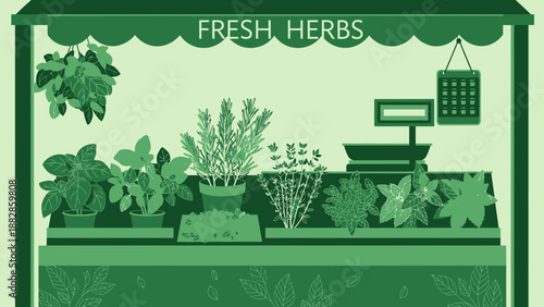 Freshly Displayed Culinary Herbs at a Green Market Stall for Natural Ingredients