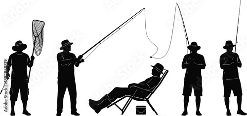 Fishing men silhouettes set with rods and landing net, anglers standing and relaxing on chair, black outdoor sport vector collection isolated on white.