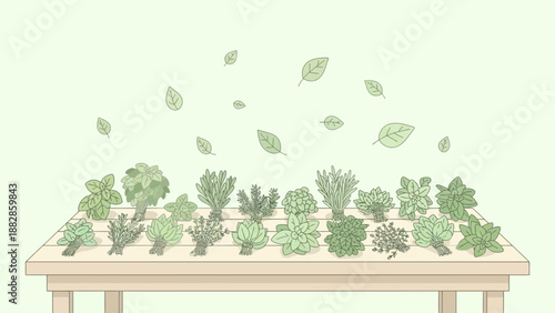Freshly Harvested Culinary Herbs Arranged on a Table with Floating Leaves