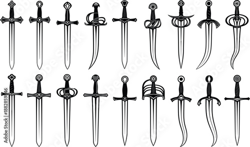 Set of medieval sword silhouettes with different hilts and blades, black vintage weapon vector collection for fantasy, knight, warrior designs isolated on white.
