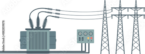 Electrical power substation illustration, high voltage transmission equipment, transformers pylons grid infrastructure, isometric energy distribution system design