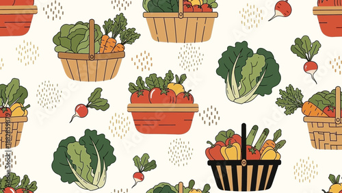 Freshly Harvested Vegetable Baskets Seamless Pattern Design for Creative Projects