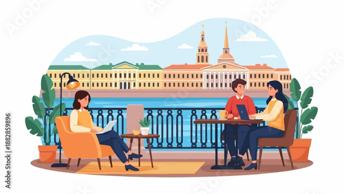 People enjoying coffee by a river with a cityscape view