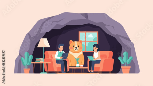 People and dog in cave-like room with orange furniture, lamp, plants