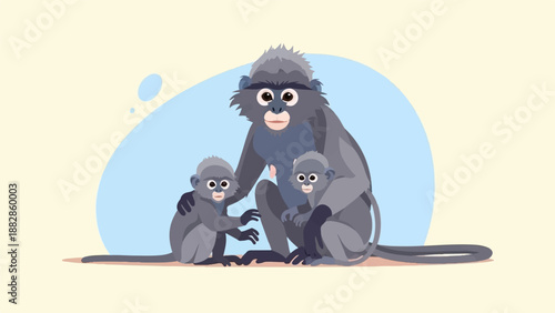 Gentle primate family poses against a pale blue background
