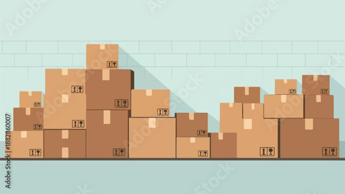 Numerous cardboard boxes stacked high against a light blue brick wall