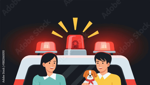 People and dog in emergency vehicle with flashing lights
