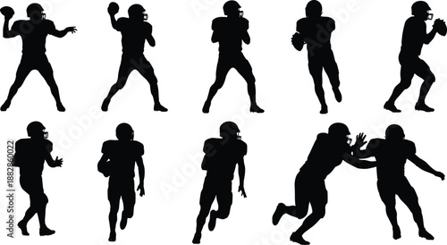Set of American football player silhouettes in action poses, passing, running, catching and tackling, black sports vector collection isolated on white background.