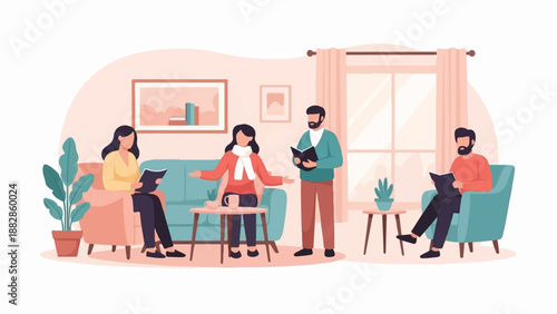 Four people reading books and conversing in a cozy living room setting