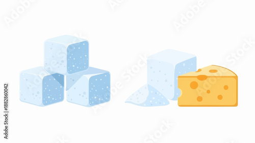 Isolated illustration of sugar cubes and a cheese wedge on a white background