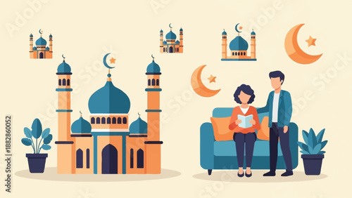Islamic cultural elements and a couple relaxing at home