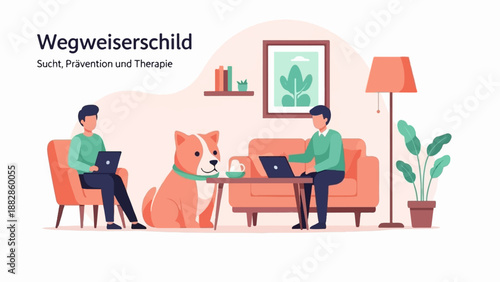 People and dog in cozy home with laptops, therapy concept
