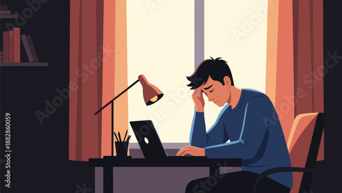 Man at desk looking stressed at laptop, warm light from window
