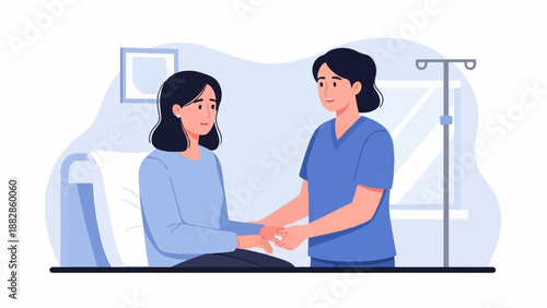 Nurse comforting patient in hospital bed with IV stand and artwork