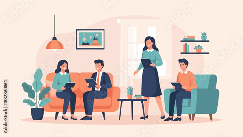 Four people in an office, two on couch, one standing, one in chair