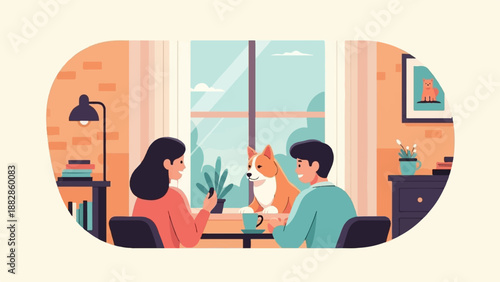 People and dog interact at a table by a window on a sunny day