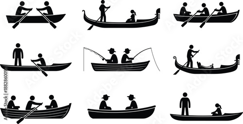 Set of boat and gondola silhouettes with people rowing, fishing, and paddling, black water transport vector collection isolated on white background.