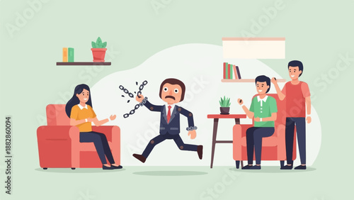 Man breaks free from chains, escaping with supportive observers