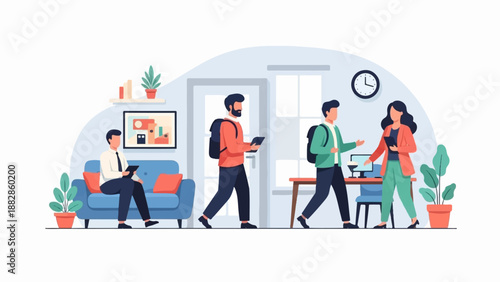 Office scene with people working and collaborating, modern interior design