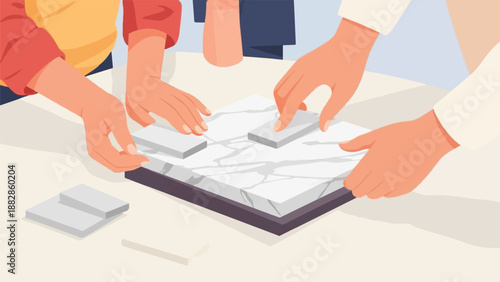 Hands arranging marble samples on a table