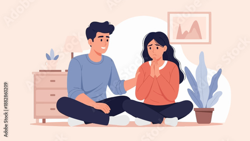 Man comforts distressed woman in a cozy room with plants and artwork