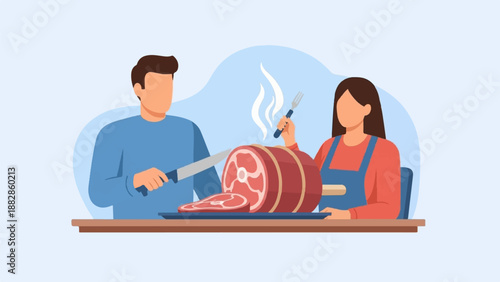 Man carves large roast meat; woman with fork, steam rises