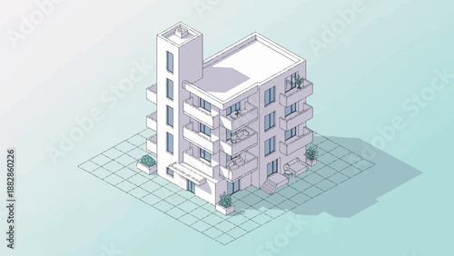Isometric illustration of a modern apartment building with balconies and plants