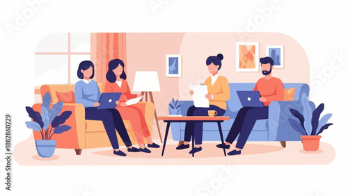 Four people collaborate on laptops and papers in a modern living room