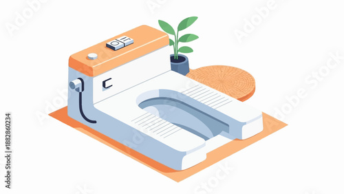 Isometric illustration of a modern squat toilet with a small potted plant