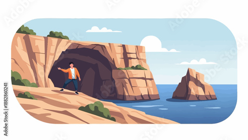 Man explores a rocky cave entrance by the ocean with a sea stack offshore