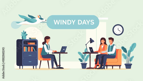 Office workers and playful creature on a breezy day with text