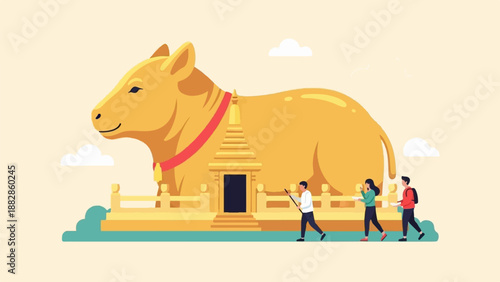Giant golden ox statue with people visiting a shrine