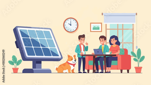 People gather near solar panels, discussing plans with dog nearby