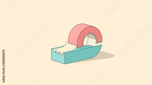 Isometric illustration of a teal tape dispenser with a pink tape roll