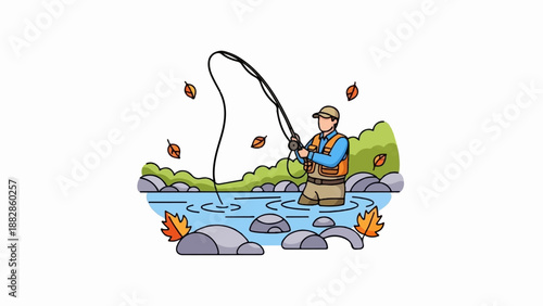 Man fishes in a river with autumn leaves falling around him