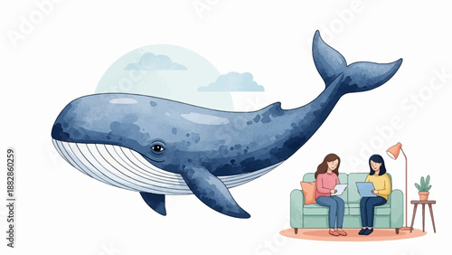 Giant whale illustration beside two women relaxing on a sofa