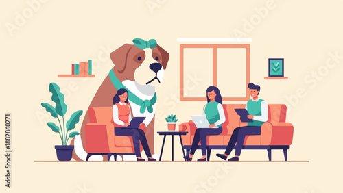 People and dog relax in a cozy living room with plants