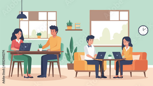 Four people are working on laptops in a bright, modern office or co-working space