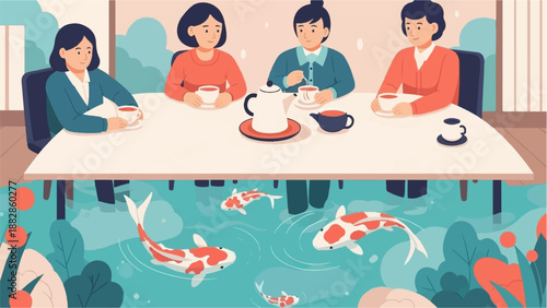 Four people at a table enjoying tea beside a tranquil koi pond