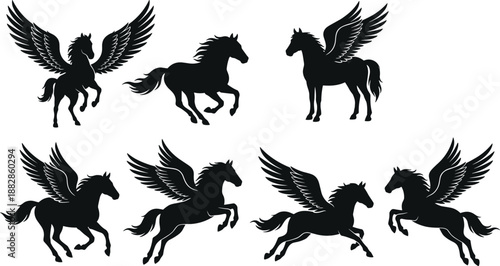 Set of pegasus horse silhouettes with wings in flying and running poses, black fantasy winged horse vector collection isolated on white background.