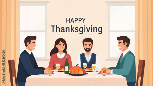 Four people are sitting at a table enjoying a Thanksgiving dinner