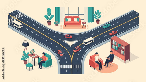 Isometric illustration of urban scene with cars, buses, and people