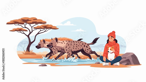Girl and dog watch hyenas run through water under acacia tree