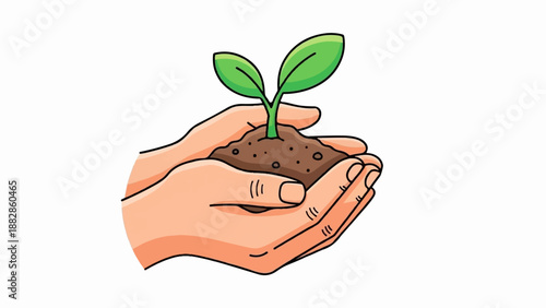 Hands cradle soil with a small green seedling