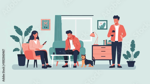 People and dog relax indoors with technology and plants