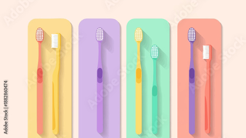Four pairs of toothbrushes in pastel colors, isolated on a light background