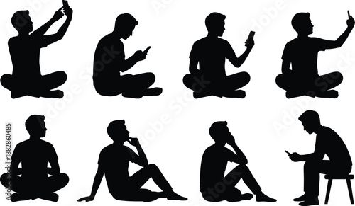 Set of man silhouettes using smartphone in sitting poses, texting, browsing and selfie activities, black people icon collection isolated on white background.